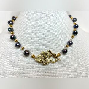Gold Tone Grape Leaf Toggle Clasp Cultured  Tahitian Black Pearl Necklace
